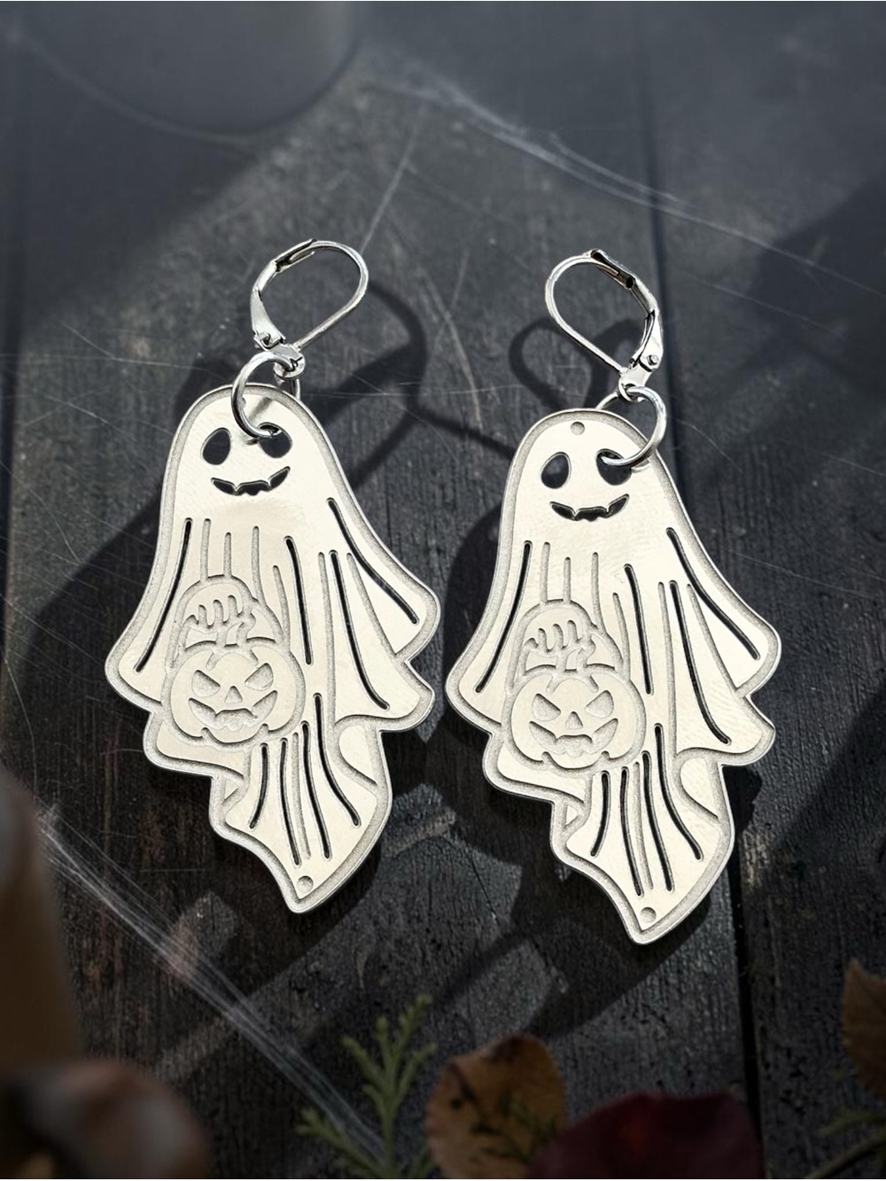 🆕 Ghost Trick or Treating Holding a Pumpkin Bucket Dangle Earrings